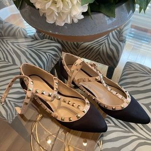 Wild Diva black silk studded cages flats size 9.